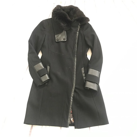 Via Spiga Wool blend & Faux Fur & Faux Leather Cuff Coat Sz 2 - Picture 3 of 16